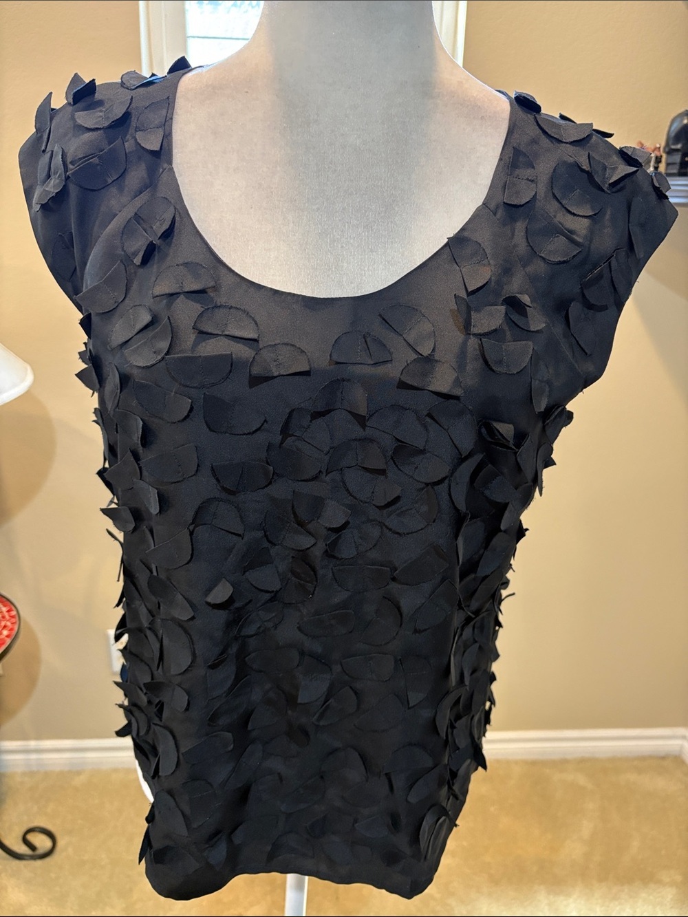 Talbots Black Scoop Neck Petal-Detail Tank in 100% Silk